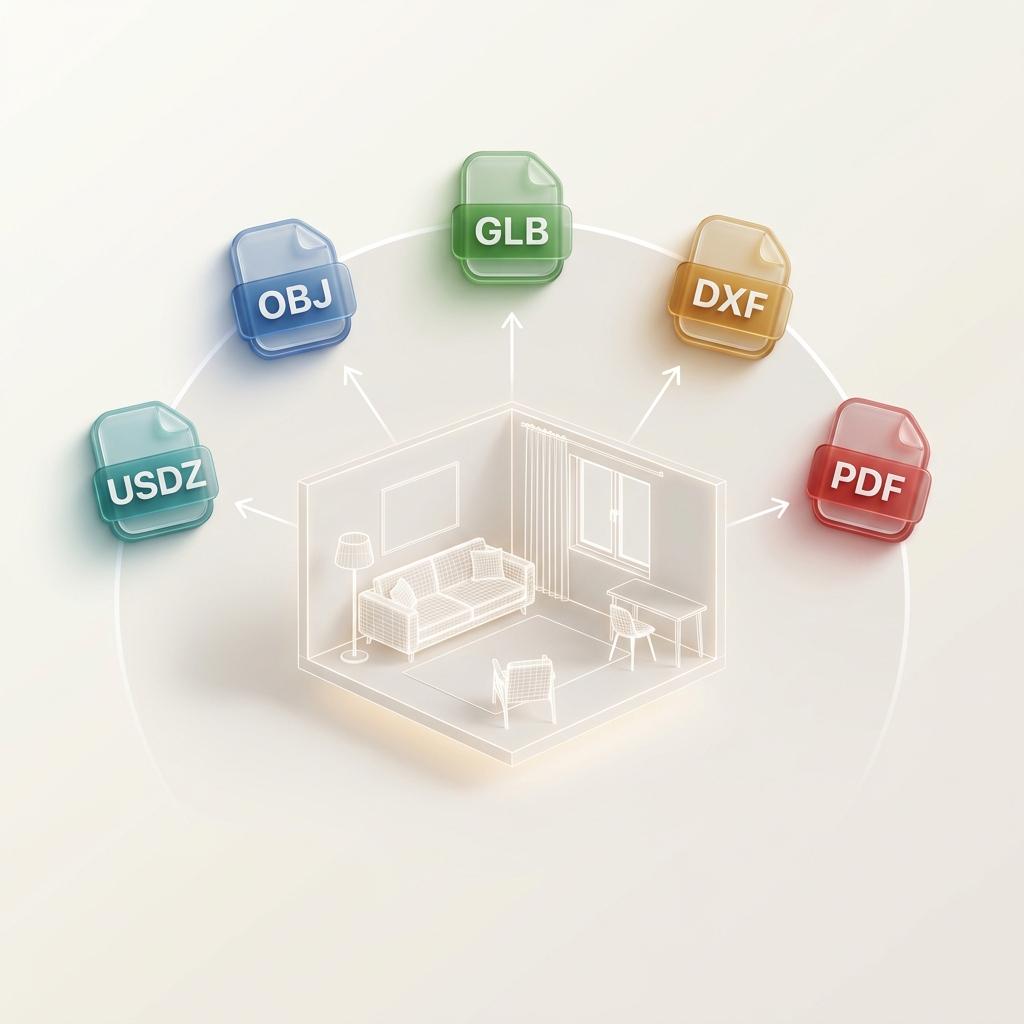 Multiple 3D file format export badges — USDZ, OBJ, GLB, DXF, PDF