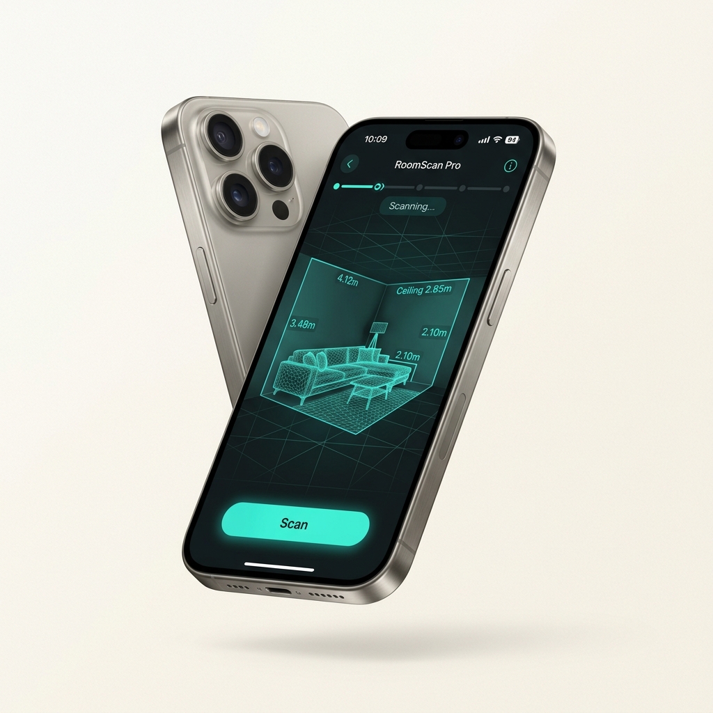 iPhone 15 Pro showing SpaceCraft app scanning a room with teal wireframe mesh