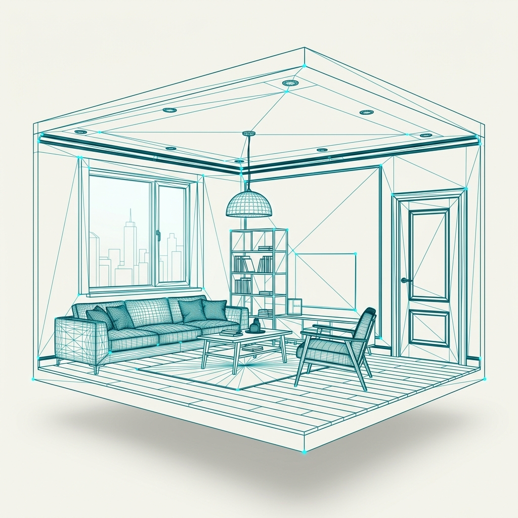 3D wireframe mesh of a modern room interior with teal colored scan lines