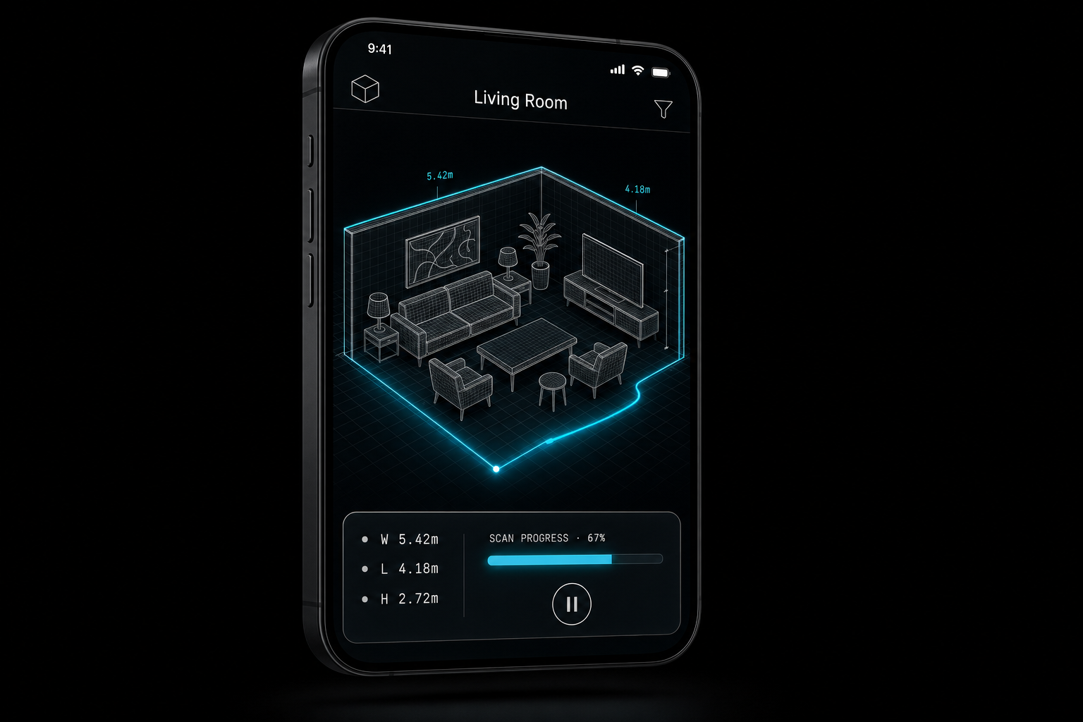 SpaceCraft LiDAR scanning app on iPhone — Living Room scan in progress, 67% complete
