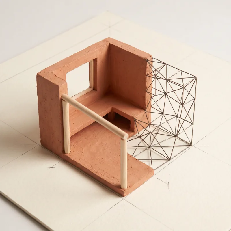 Textured room-mesh study — illustrative