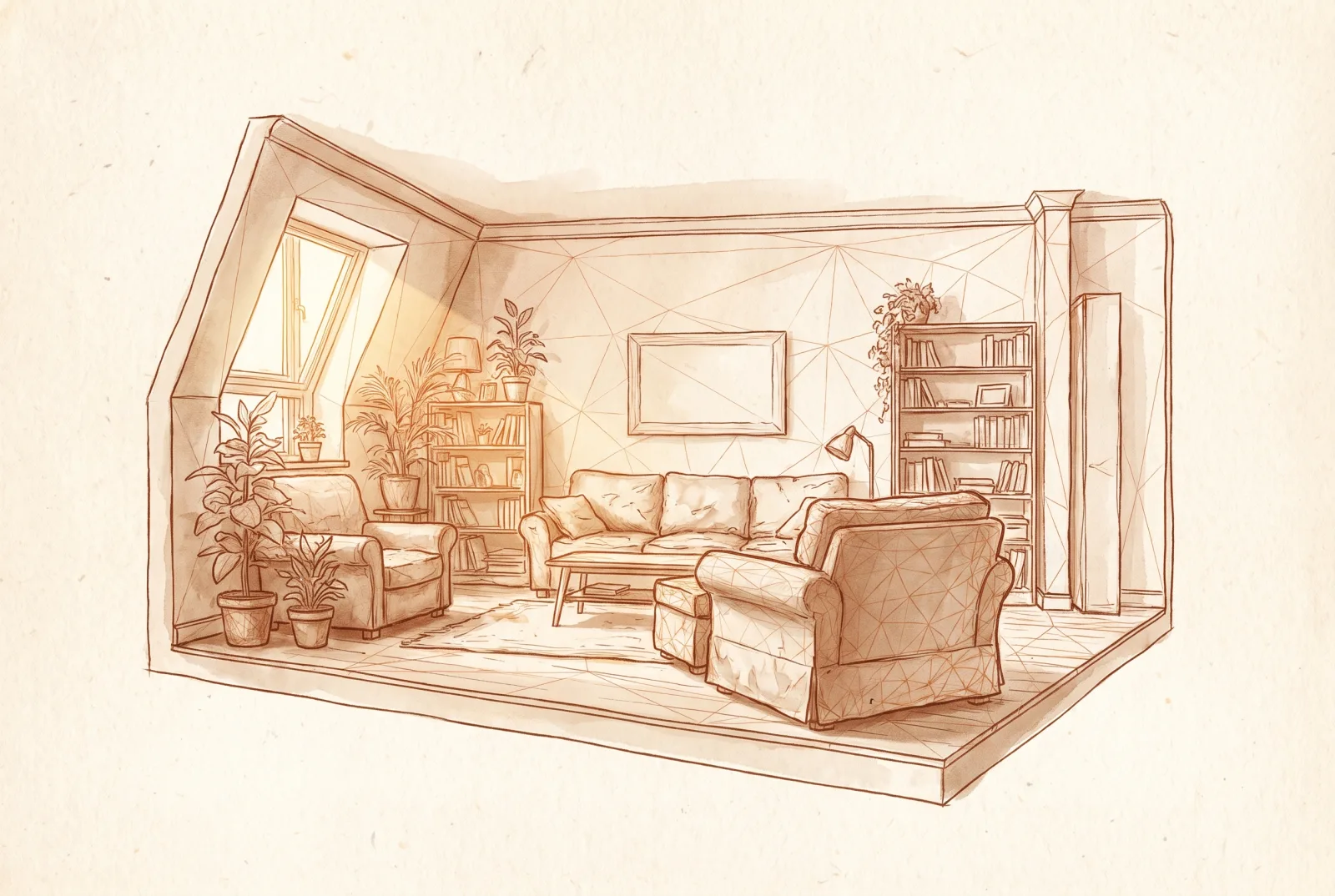 Textured room scan concept — illustrative, modeled to scale